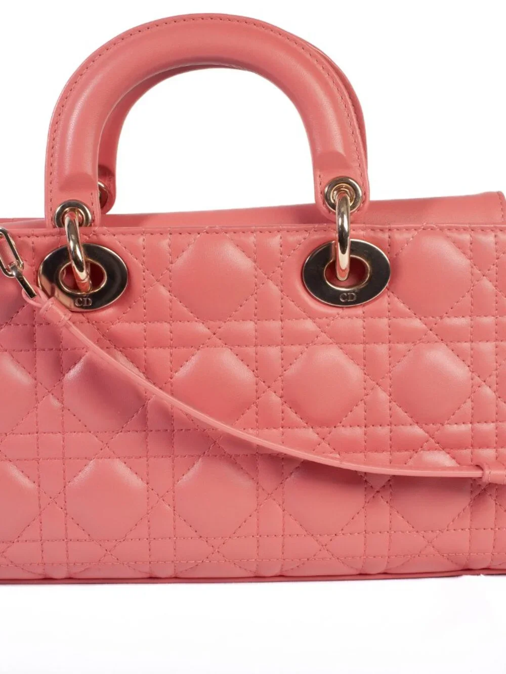 Authentic Christian Dior Coral Small Lady D-Joy Lambskin Cannage Handbag